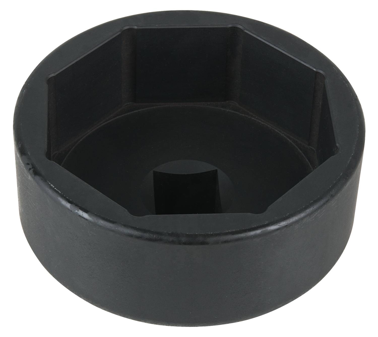 A black, hexagonal socket key with a central square opening for use with a spanner or ratchet.