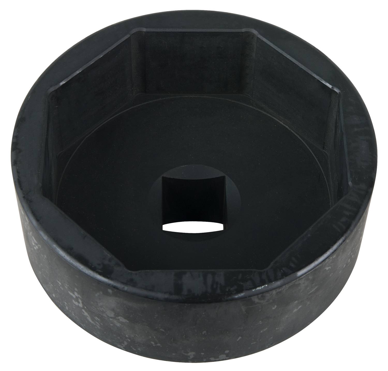 A black, hexagonal metal adapter with a square opening in the centre. Suitable for tools or machine applications.
