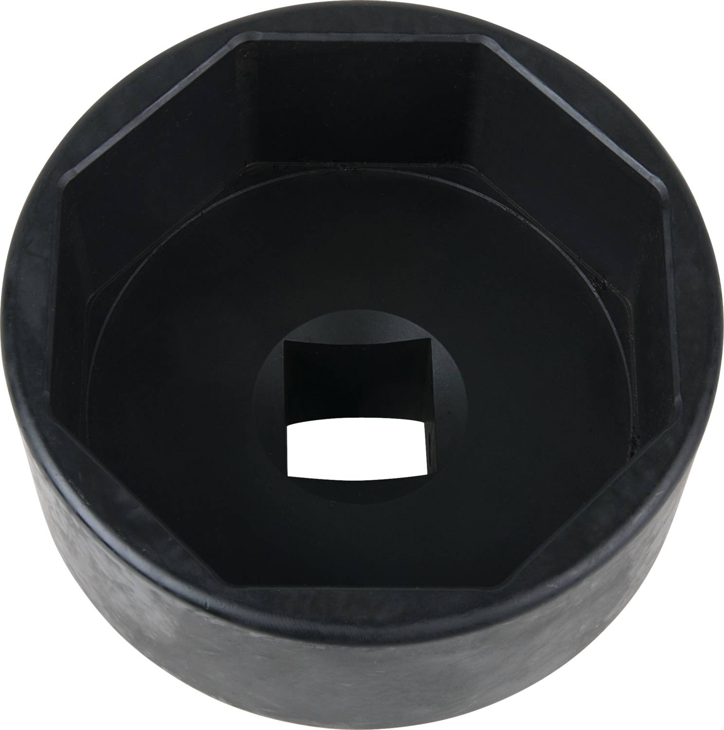 A black, hexagonal socket adapter made of metallic material, designed for use with a spanner.