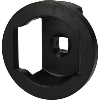 A black, round plastic tool with rectangular and circular openings, used for a specific technical application.
