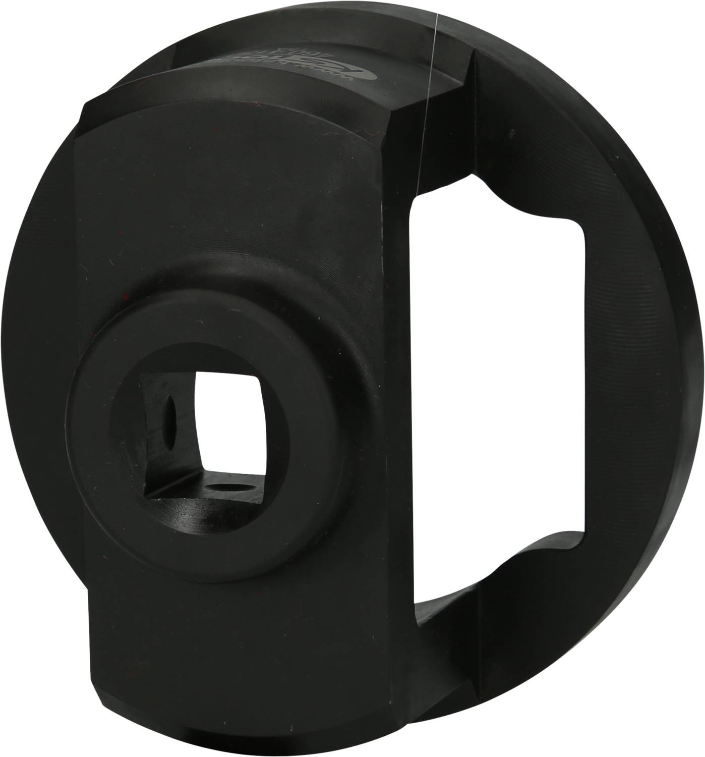 A black, round metal part with a rectangular cutout in the centre, possibly an adapter or mounting component.