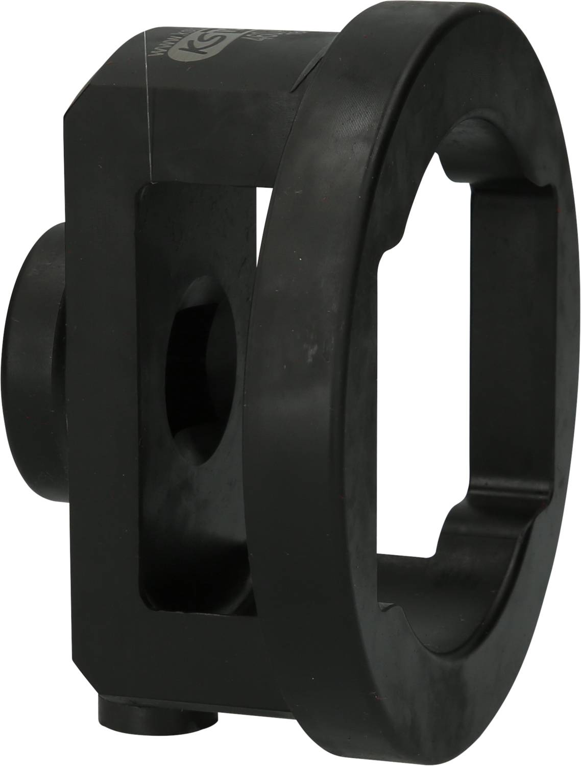 A black, cylindrical plastic component with open ends, potentially a technical part or mounting bracket.