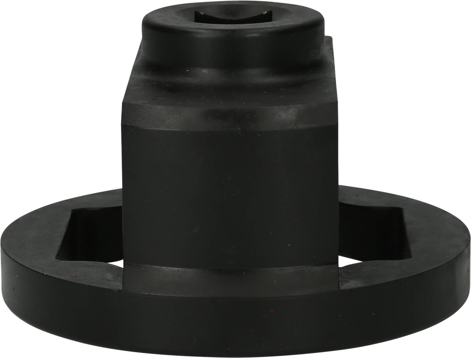 Black metal cylindrical component with rectangular cutouts, likely for technical applications.