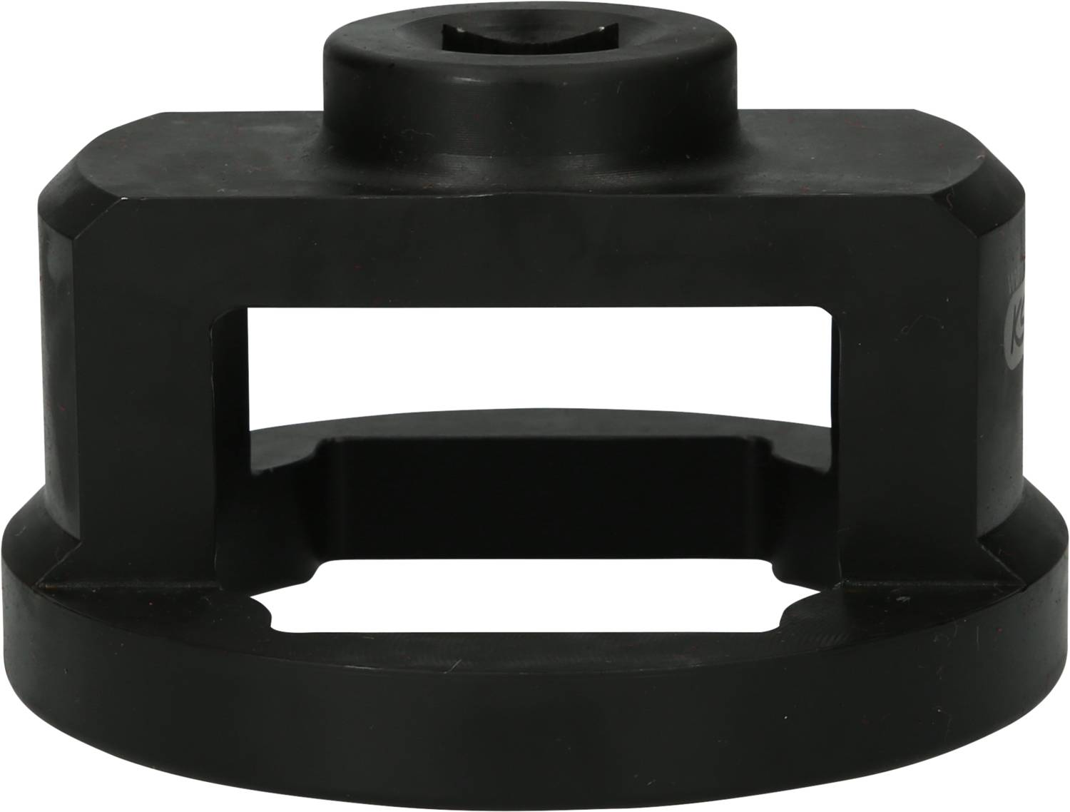 A black, cylindrical tool, presumably an oil filter remover, with a square opening at the top and two grip slots at the bottom.