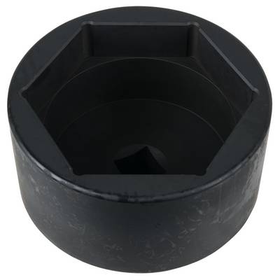 A black, hexagonal socket nut, viewed from above, reveals the internal walls and the insertion opening in the centre.