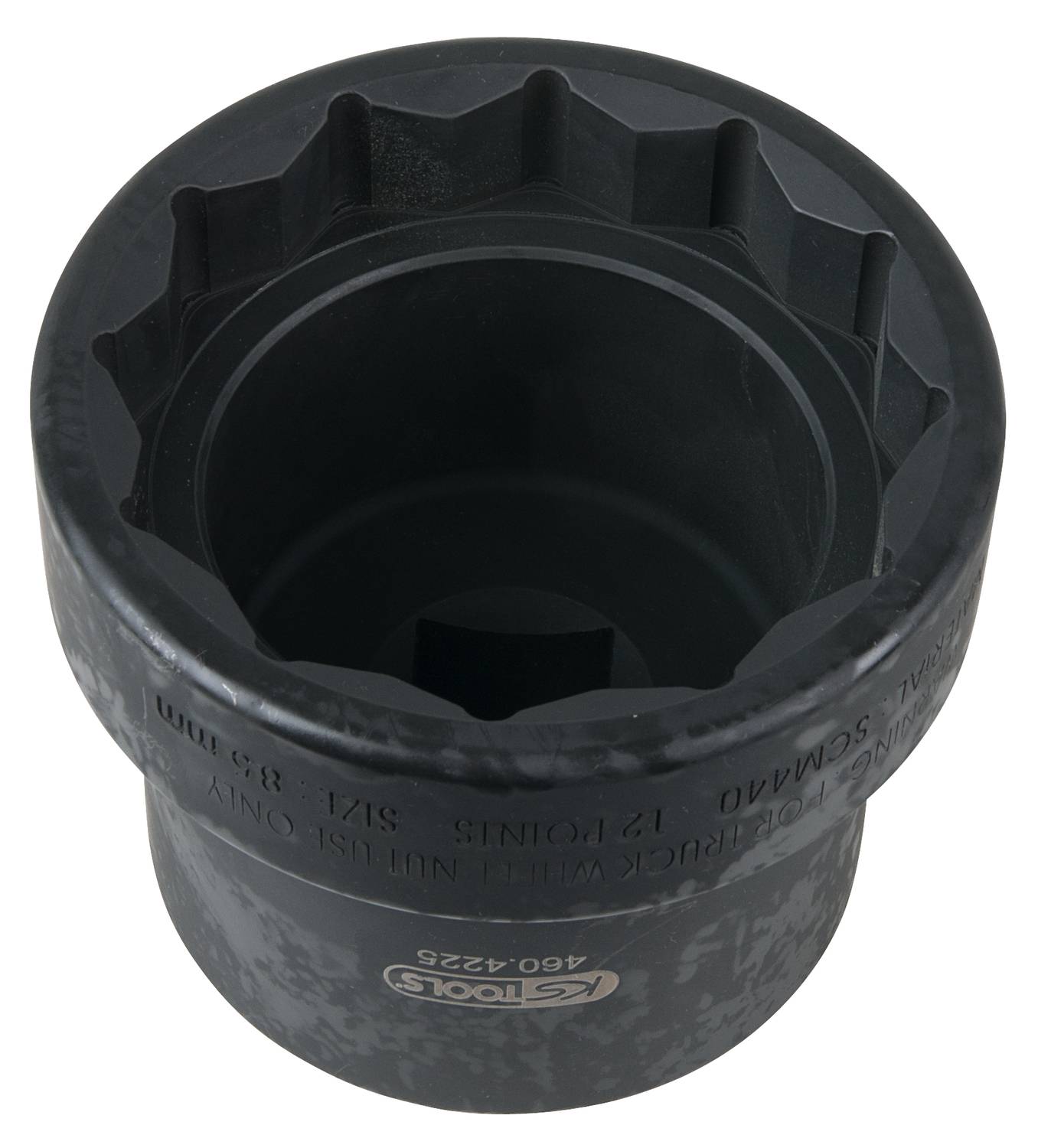 A large industrial socket with labelled markings and a robust surface, suitable for heavy industrial applications.