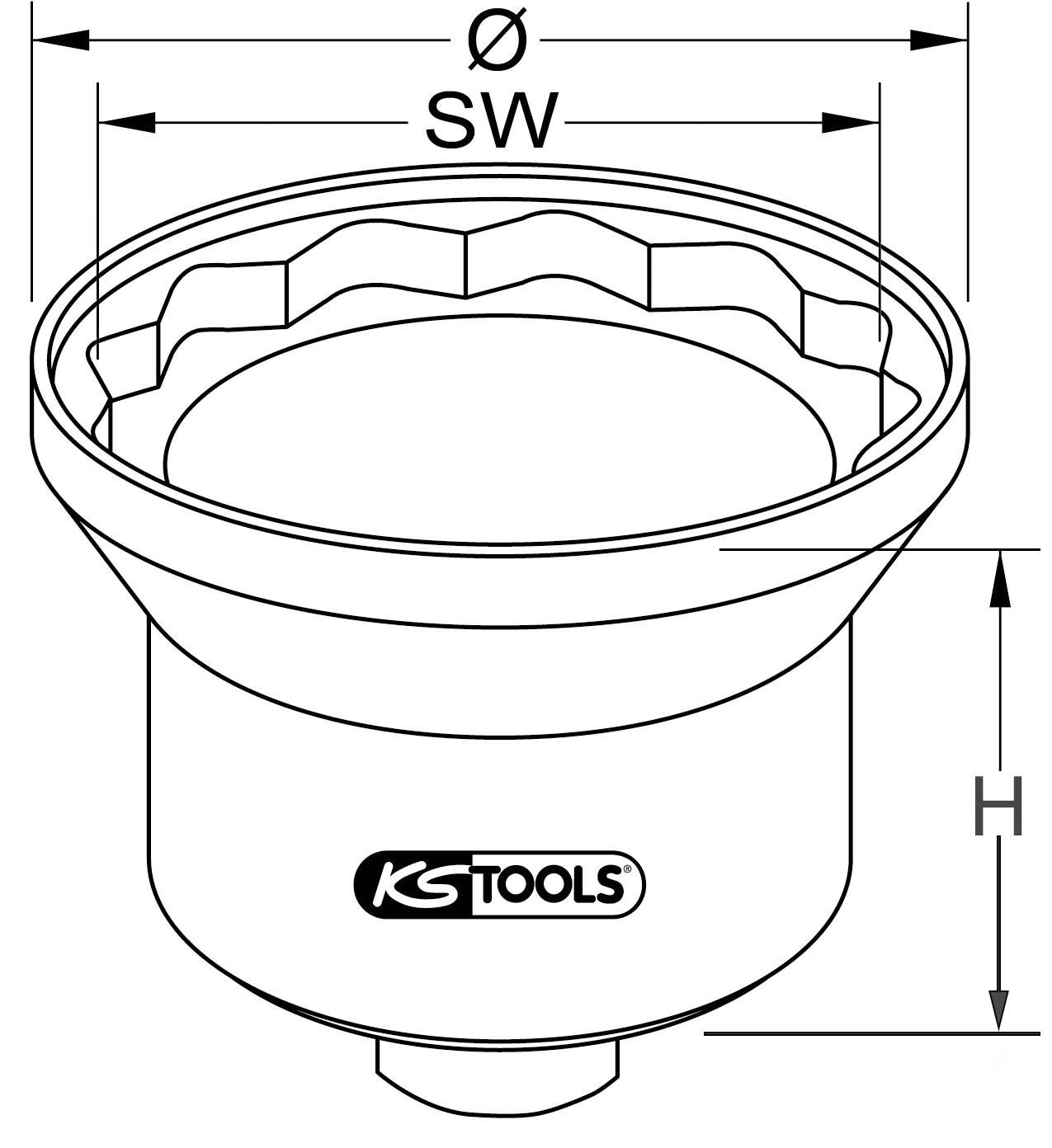 Figure of a KS Tools socket wrench with diameter (Ø), spanner size (SW), and height (H) marked. Suitable for technical applications.