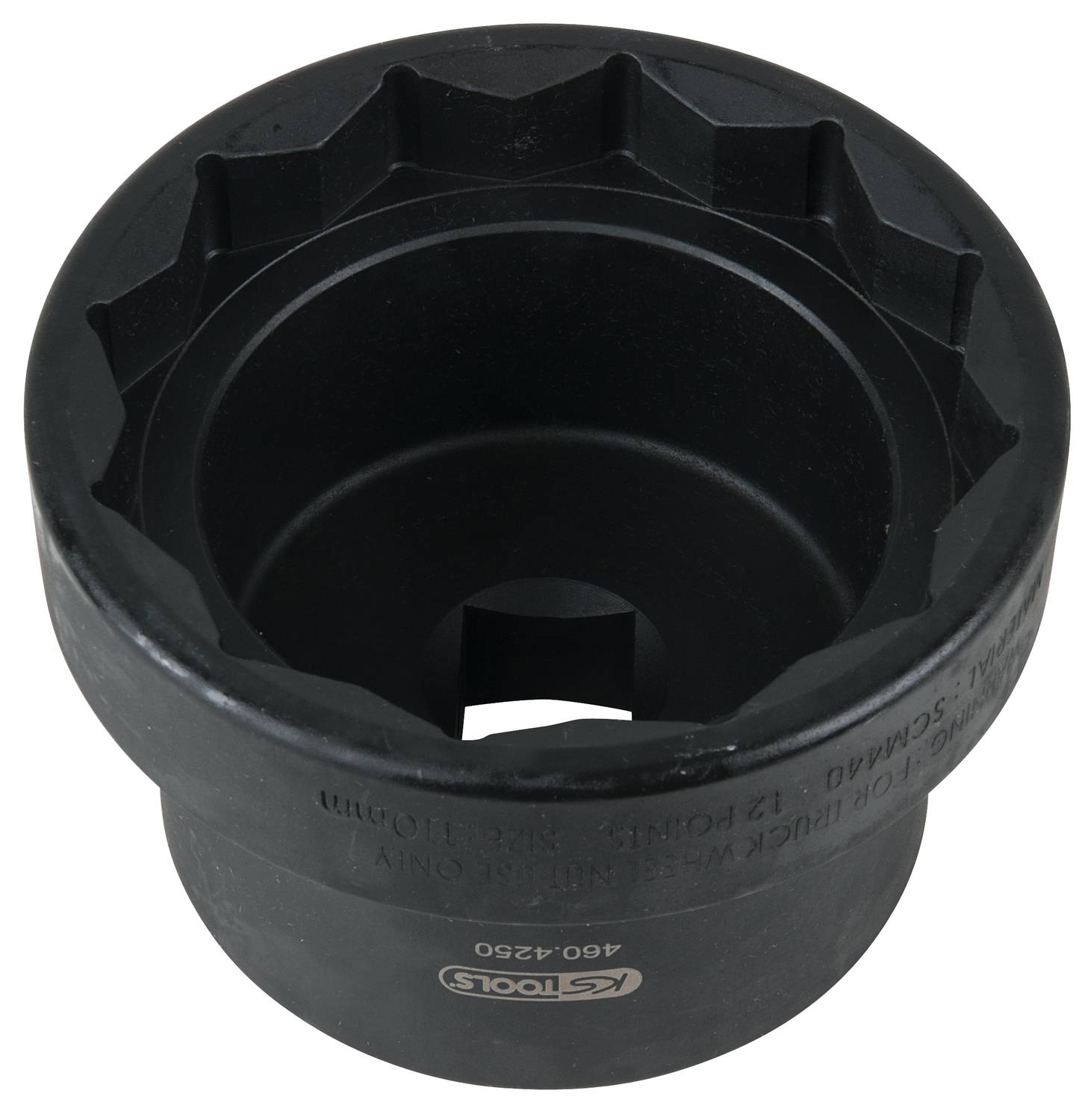 A large, black socket spanner with a hexagonal internal section, used for heavy industrial applications or vehicle maintenance.