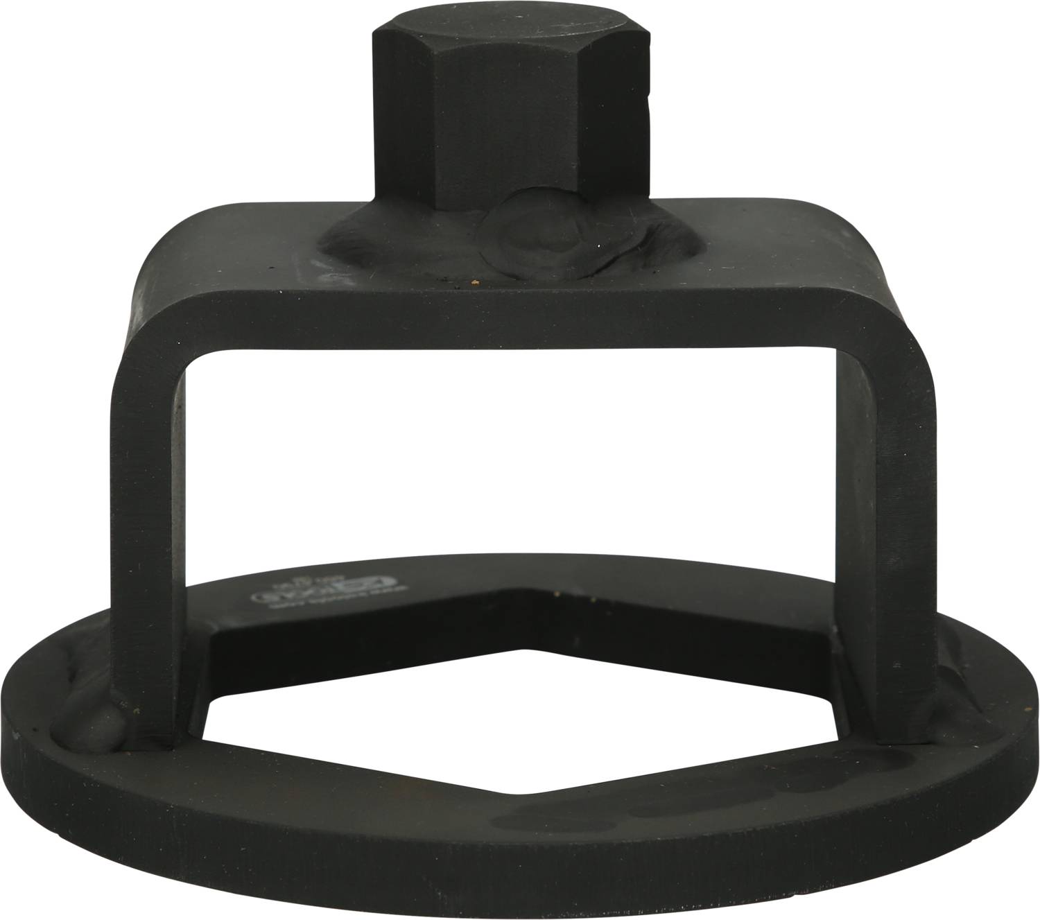 Black, hexagonal metal tool with a round handle and circular base, possibly used for mechanical work.