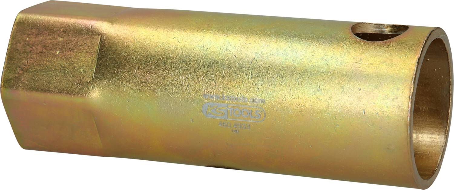 A gold-coloured tool, presumably a spark plug spanner, with a hexagonal opening and a side hole for improved leverage.