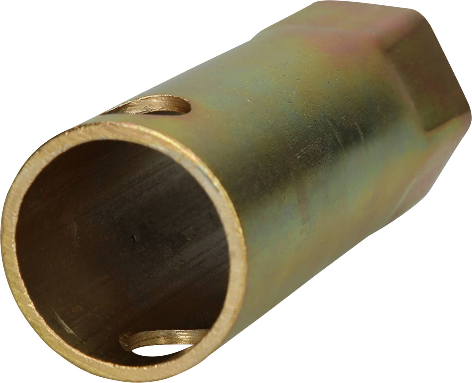 A cylindrical metal tool with a hexagonal opening, used for tightening or loosening screws or nuts.