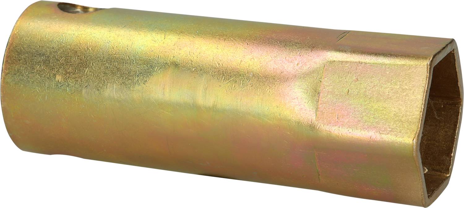 Metallic cylindrical spanner with a hexagonal opening, set against a white background. A tool for screw assembly.