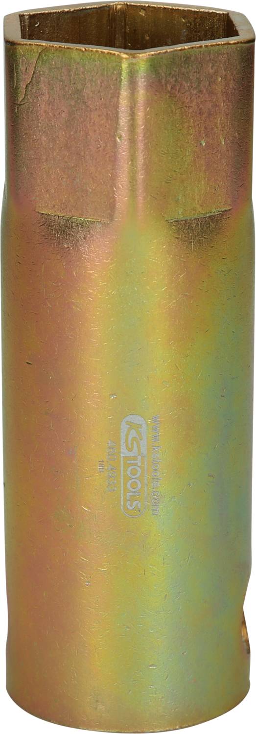 A gold-coloured hexagonal socket with a brand inscription on the side. Tool for mechanical work.