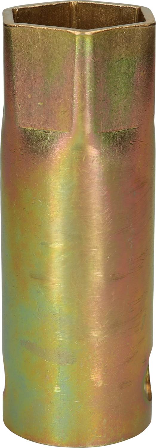 Metallic hexagonal sleeve with an iridescent surface, predominantly in yellow and green hues.