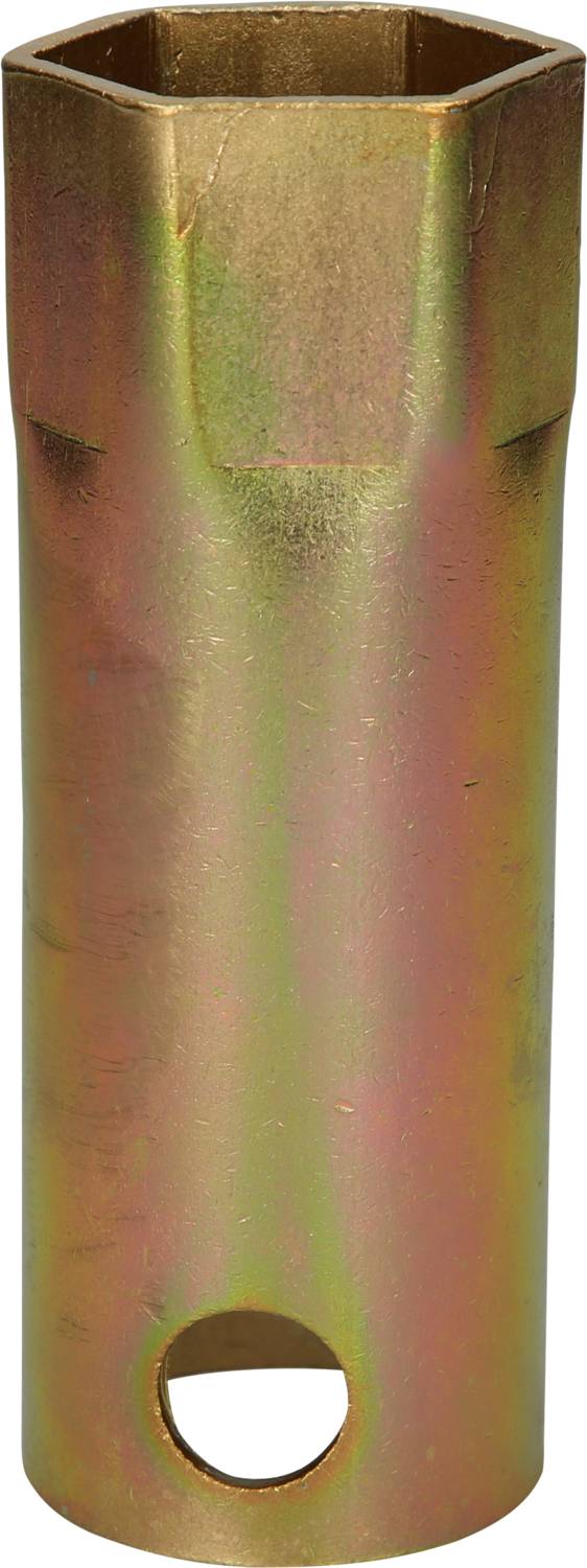 A gold-coloured, cylindrical socket key with a hole on the side, suitable for hexagonal screw heads.