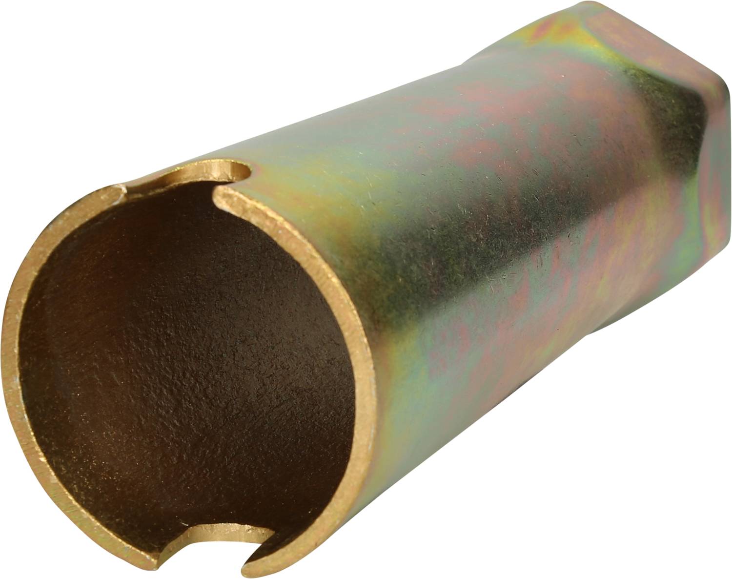 A hollow, cylindrical, metallic key with a slender profile and a slot at one end.