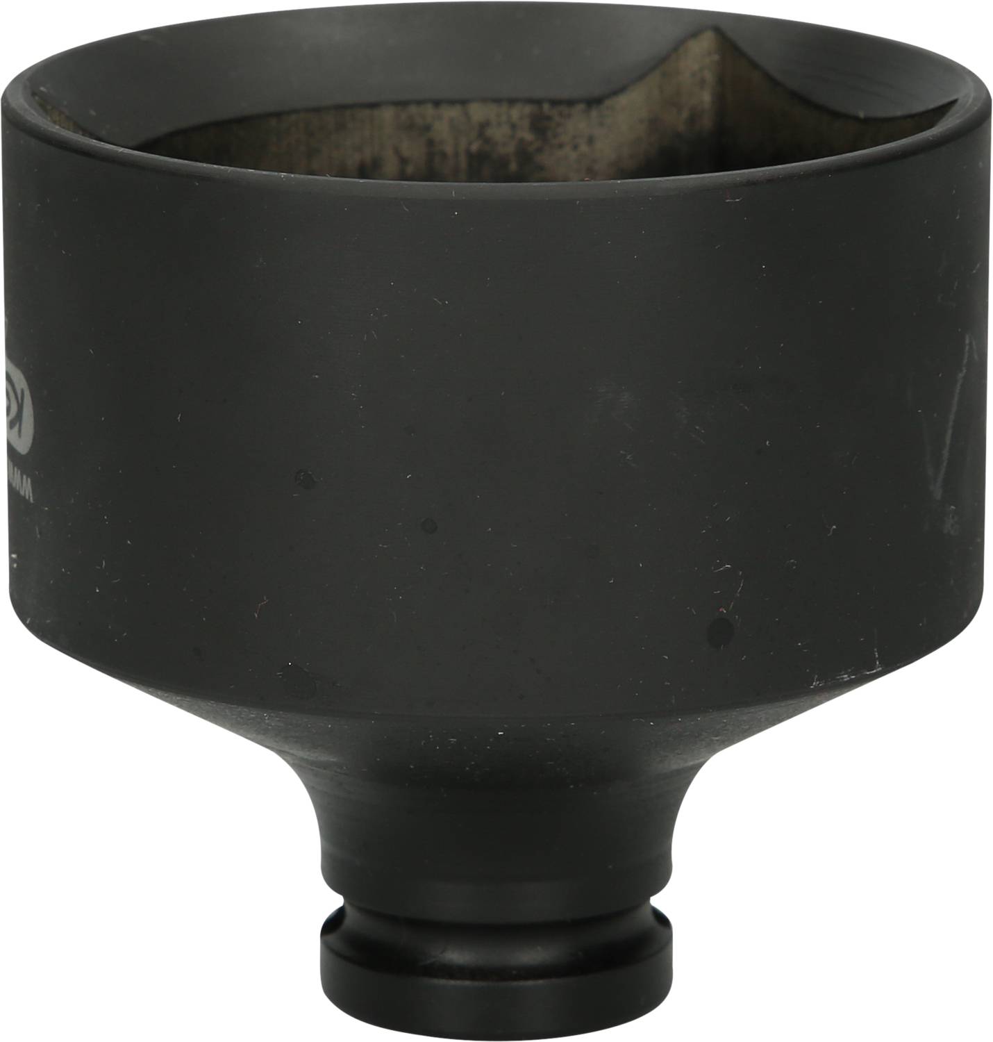 A black, cylindrical metal tool with a wide opening at the top and a narrower, round base. Possibly a mechanical adapter.