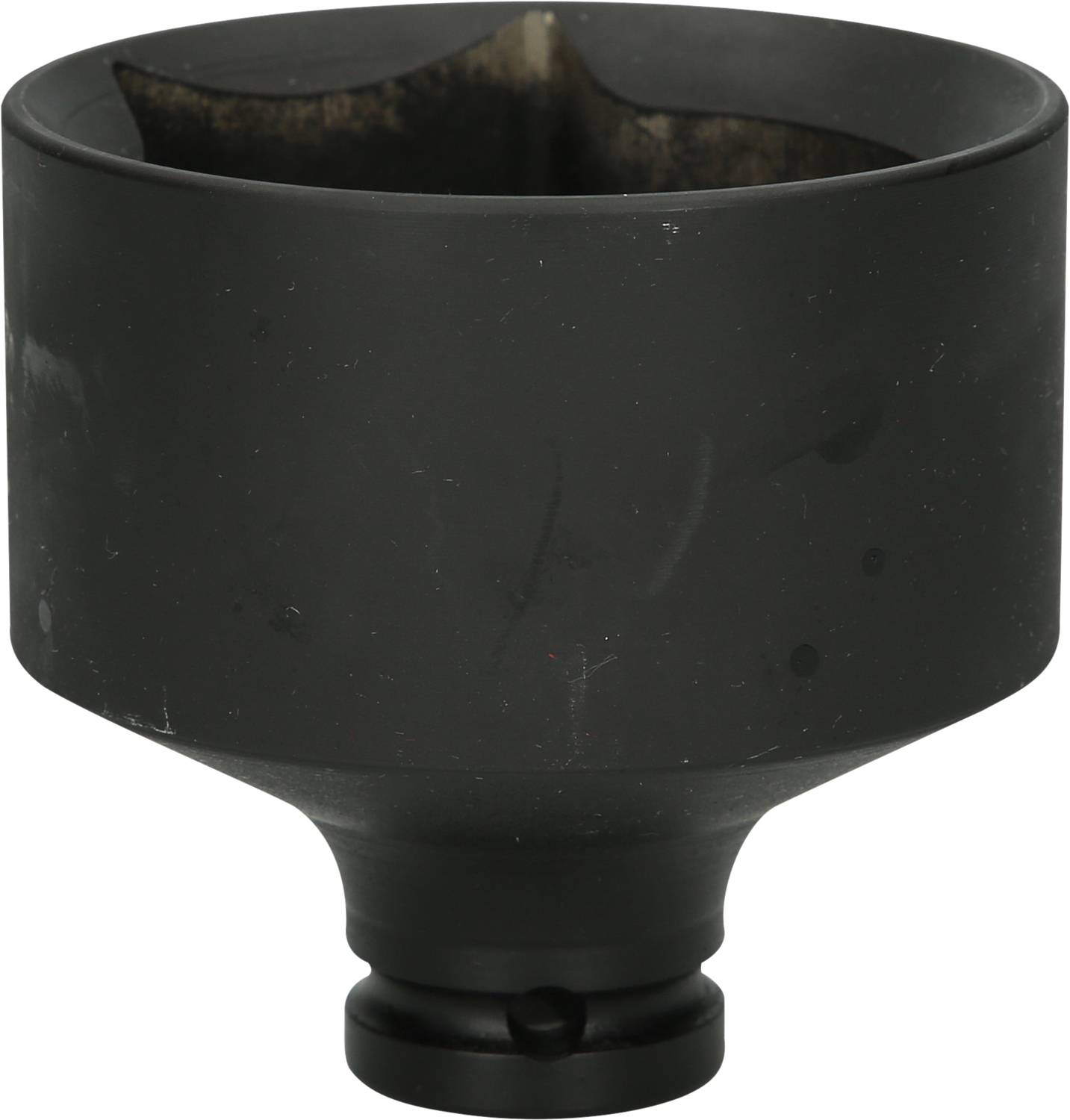 A black, cylindrical metal attachment with a wide opening and narrow end, likely a tool or machine adaptor.