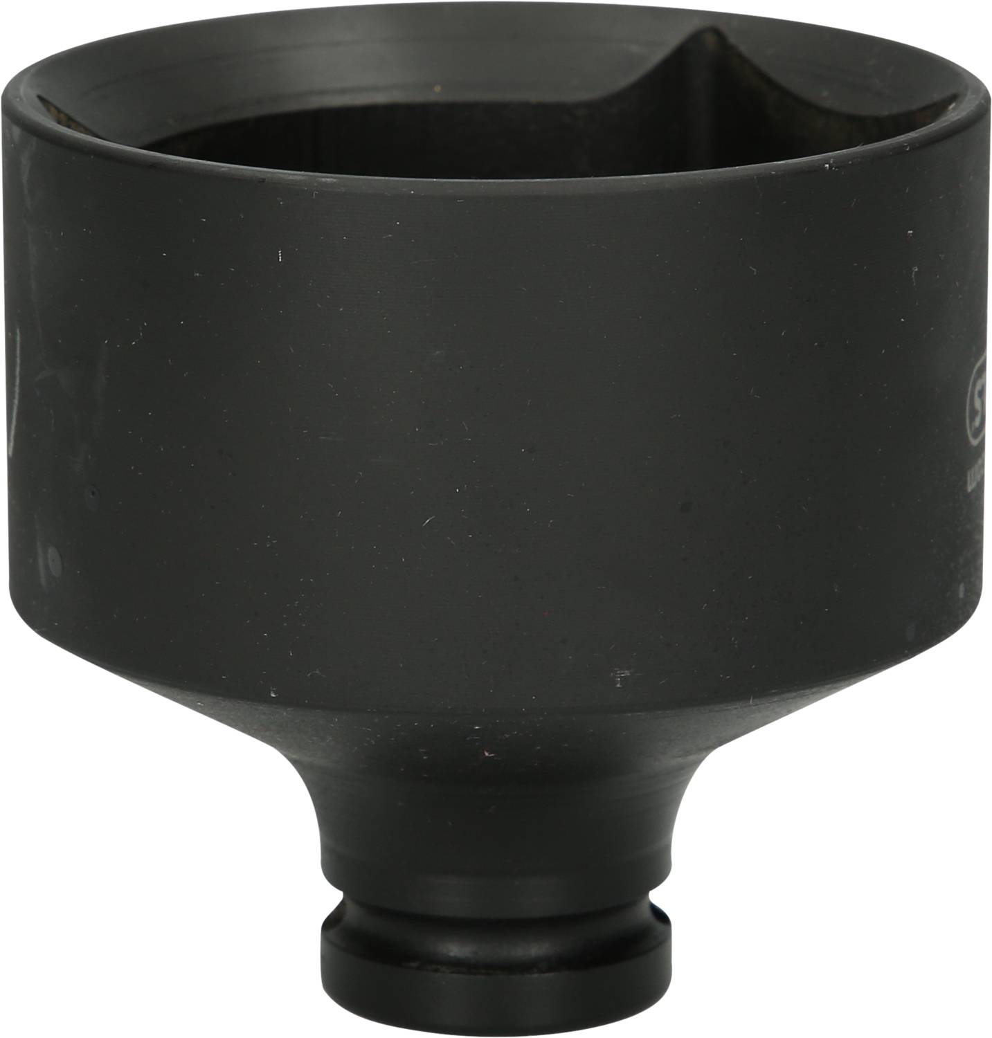 Black, cylindrical adapter or tool attachment with a wide opening at the top and a narrow connection at the bottom, without any visible markings.