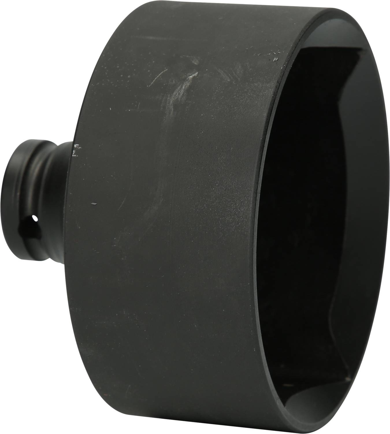 A black, cylindrical component with an opening on the side, likely an adapter or cover for a device.