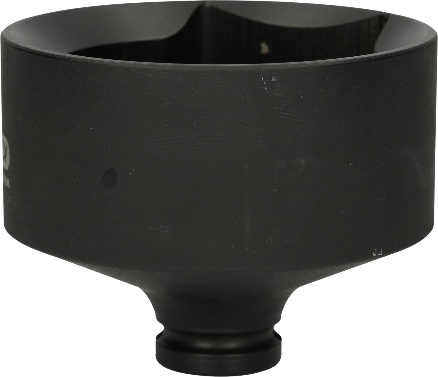 Black funnel adapter, cylindrical shape, narrowing towards the bottom. Primarily suitable for industrial or technical applications.