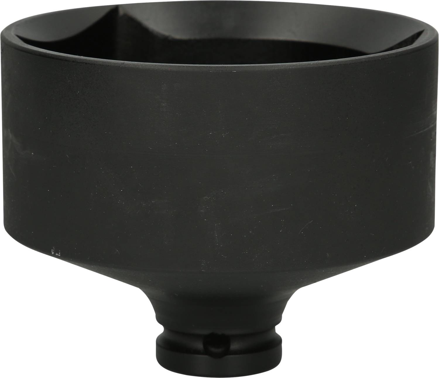 Black plastic funnel with a wide opening and narrow spout, likely suitable for liquids or powders.