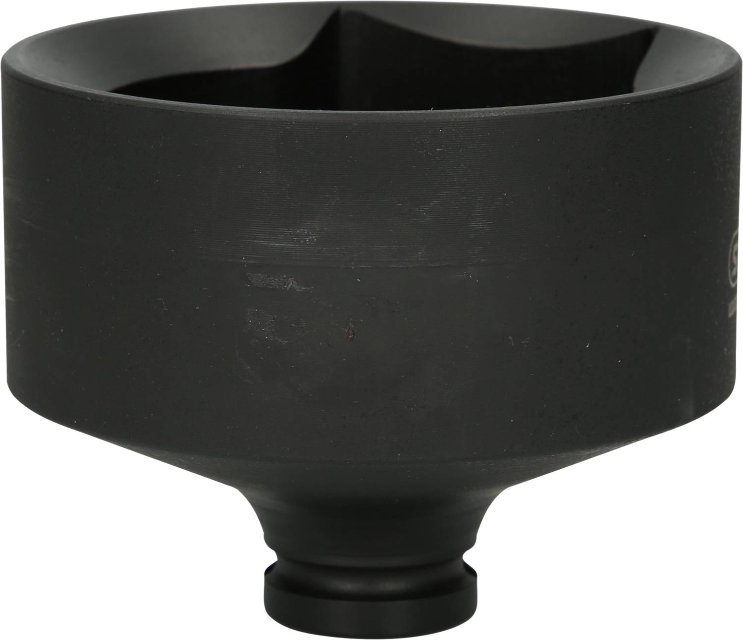 A black, round metal lens hood, tapered in shape, prevents stray light and protects the camera lens.