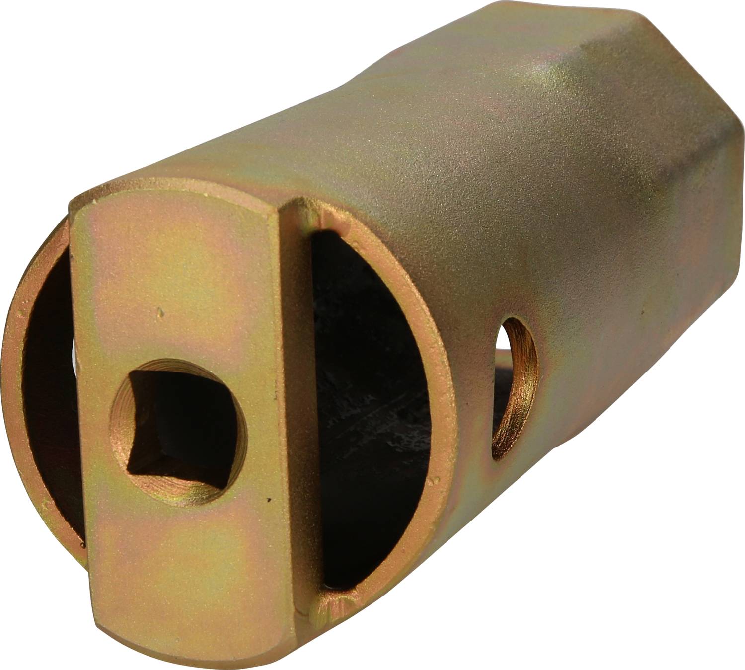 Close-up of a metallic, cylindrical tool with openings on the sides. Most likely for mechanical applications.