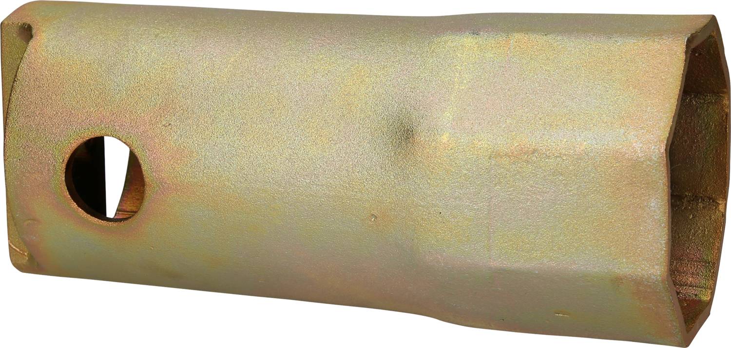 A bronze-coloured spark plug spanner with a hexagonal head and a side hole used for tightening or loosening.