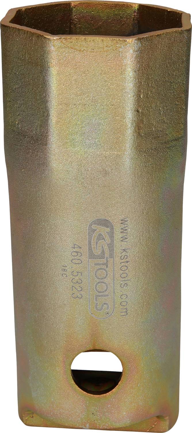 A gold-coloured metal hexagonal socket key attachment with a side opening, suitable for loosening or tightening screws.