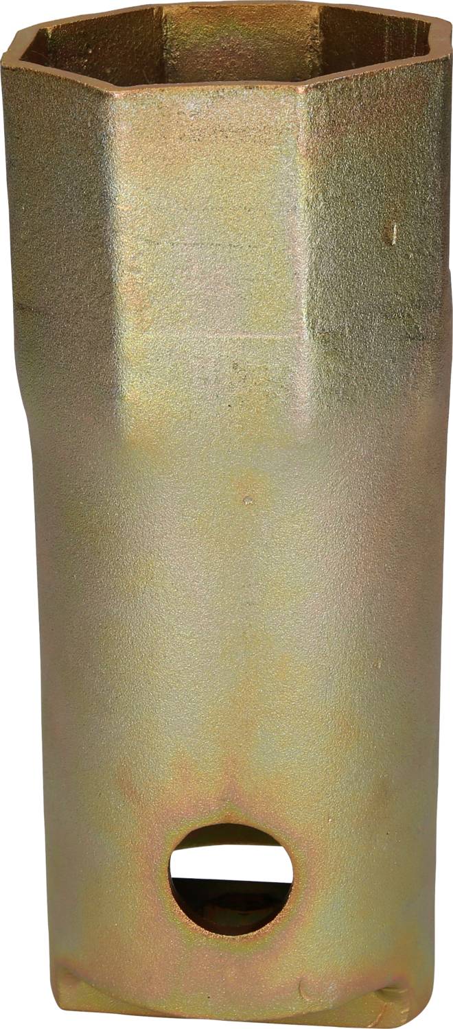 A hexagonal metal tube spanner with a long handle and a hole in the middle, commonly used for changing spark plugs.