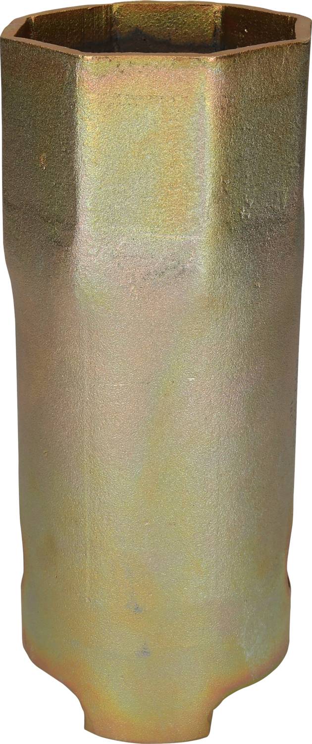 A cylindrical, metallic object with a hexagonal opening. It appears robust and has a golden to bronze coating.
