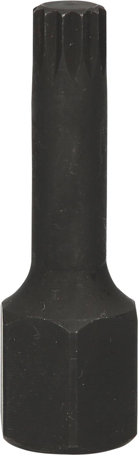 Black-coated screwdriver bit with a long, knurled shaft and hexagonal base, suitable for specialised screws.