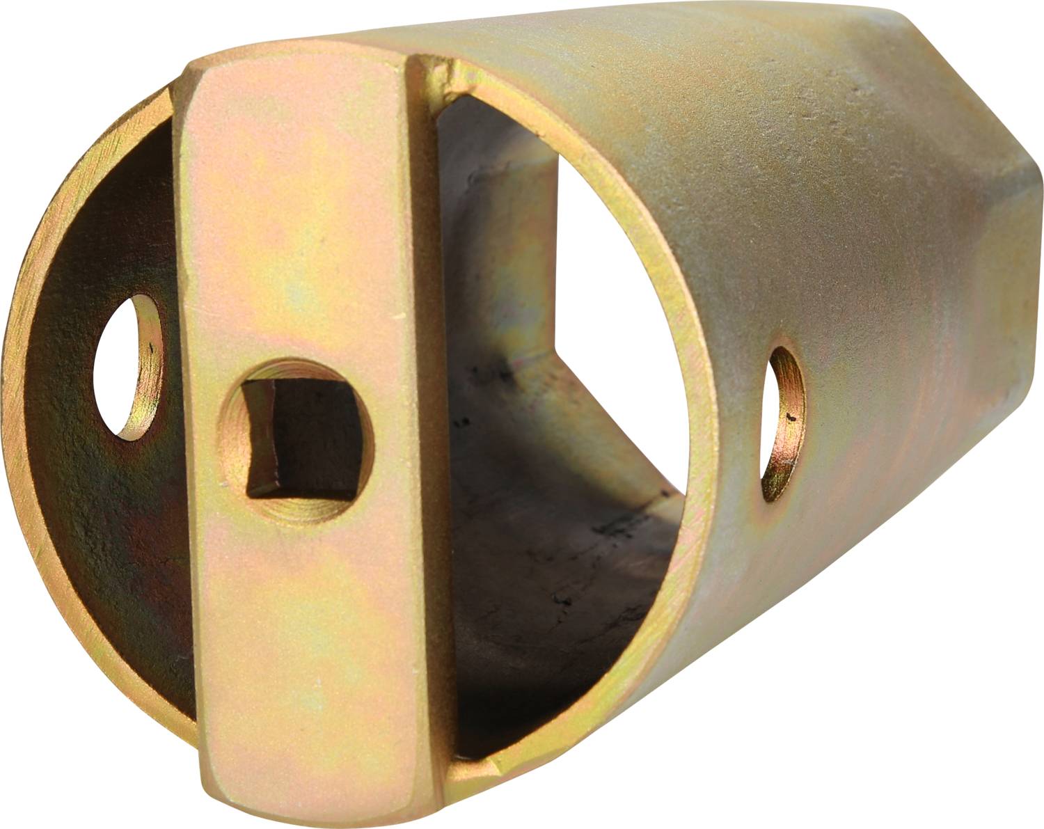A metallic brass pipe connector with multiple circular openings, likely for mechanical connections.
