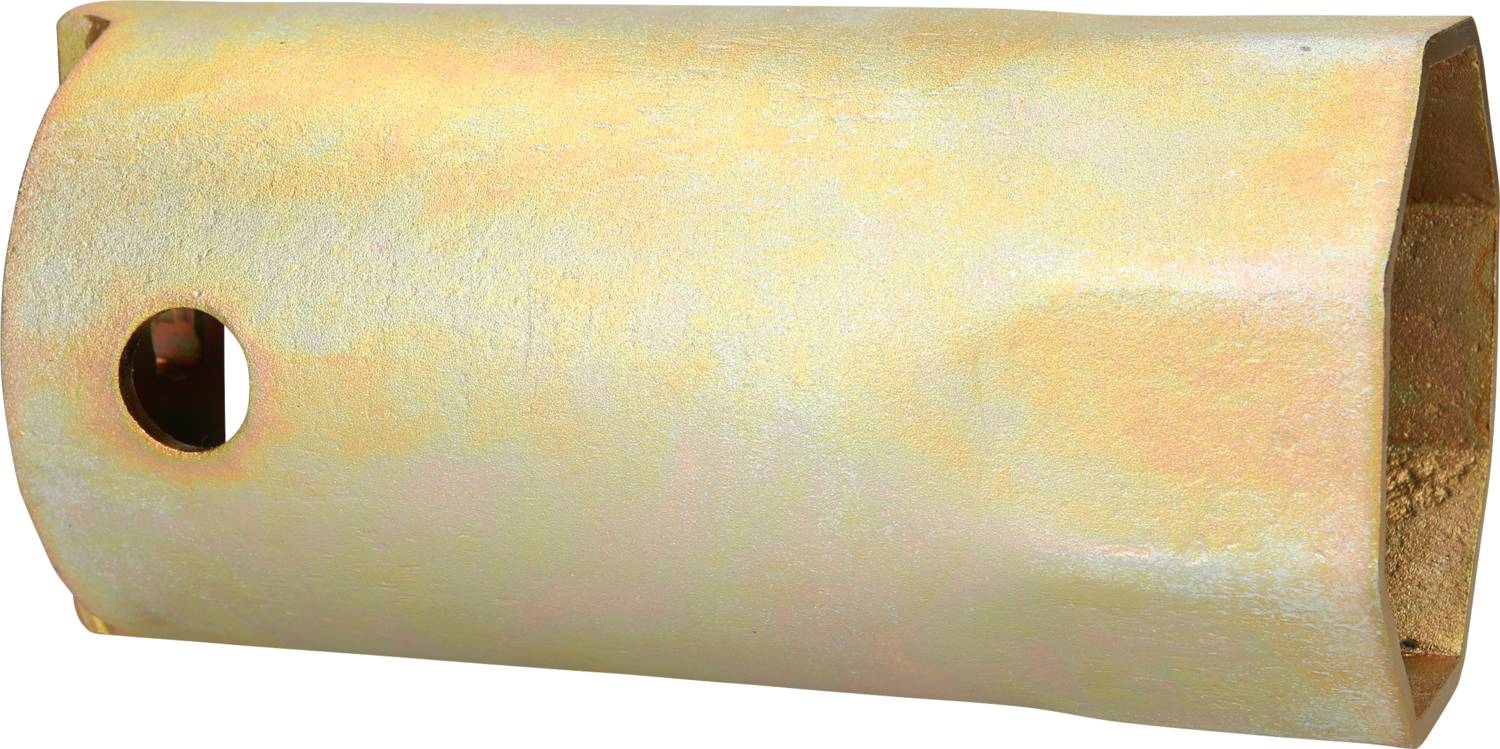 A cylindrical metal adapter with a side opening and a hexagonal internal surface. Used for securing or fixing.