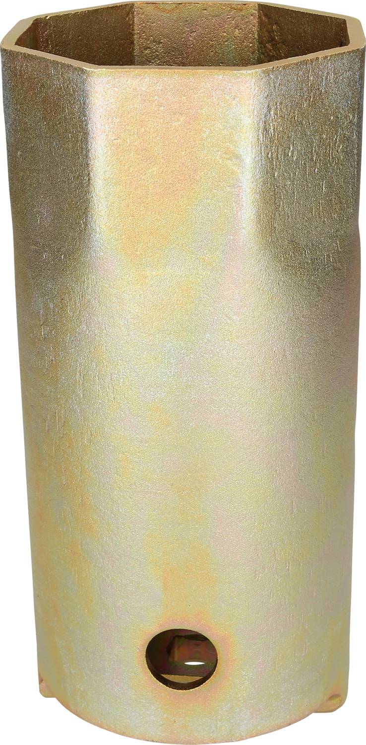 A metal key with a hexagonal shape, gold-lustred, open at the top with a side opening at the bottom, potentially designed for specialist nuts.