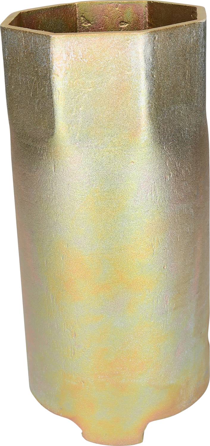 Cylindrical metal component with a hexagonal opening, gold-plated coating, and textured surface, suitable for fastening.