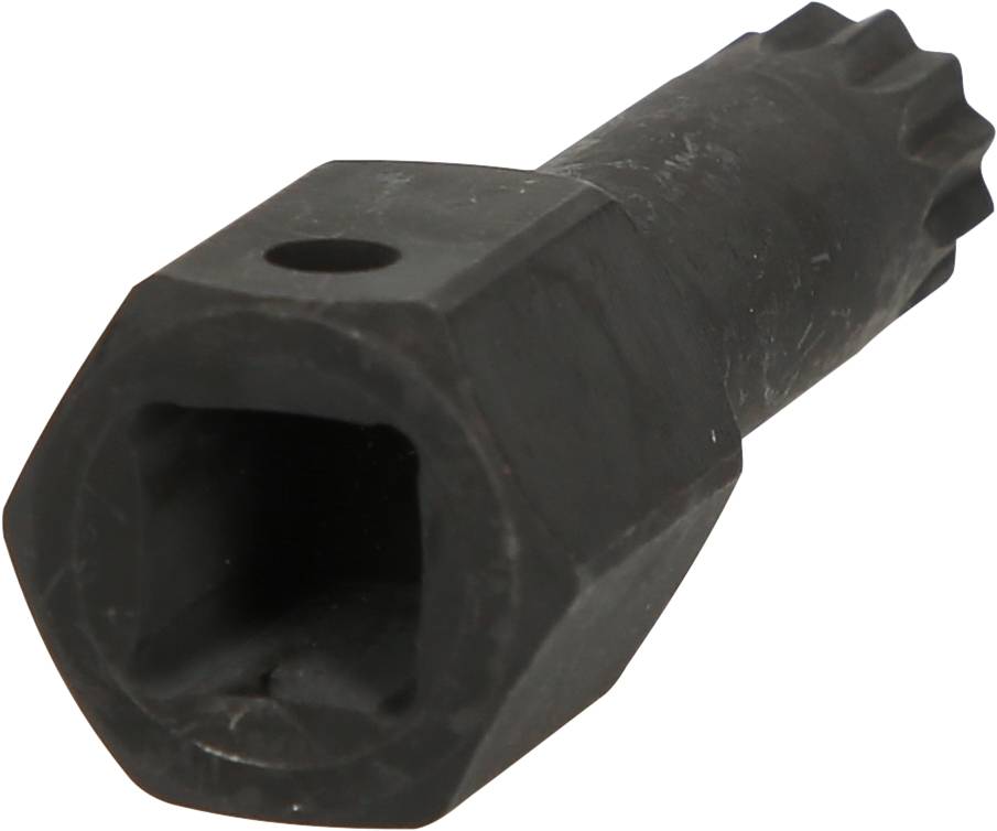 A black, hexagonal metal cap with a square interior space and a small hole on the side.