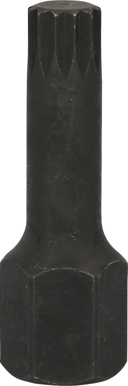 A black, hexagonal socket key with a toothed profile for specialist screws.