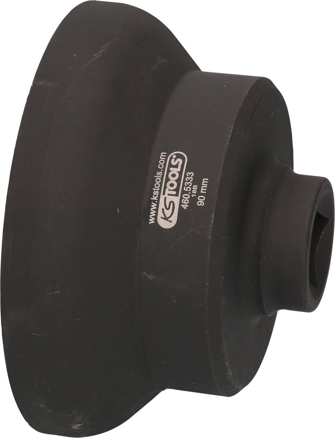 A black automotive tool, tapered in shape, with 'KS Tools' printed on it, 90 mm in diameter, used for maintenance or repair.