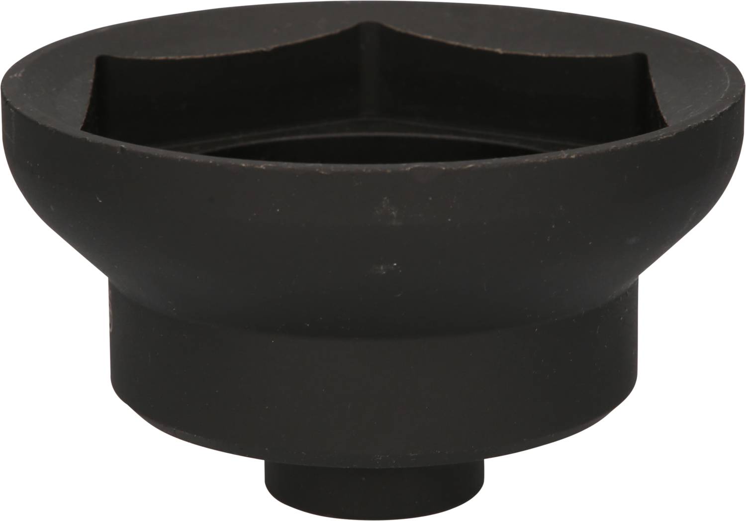 A black, hexagonal oil filter spanner, cylindrical in shape, designed for removing oil filters on vehicles.