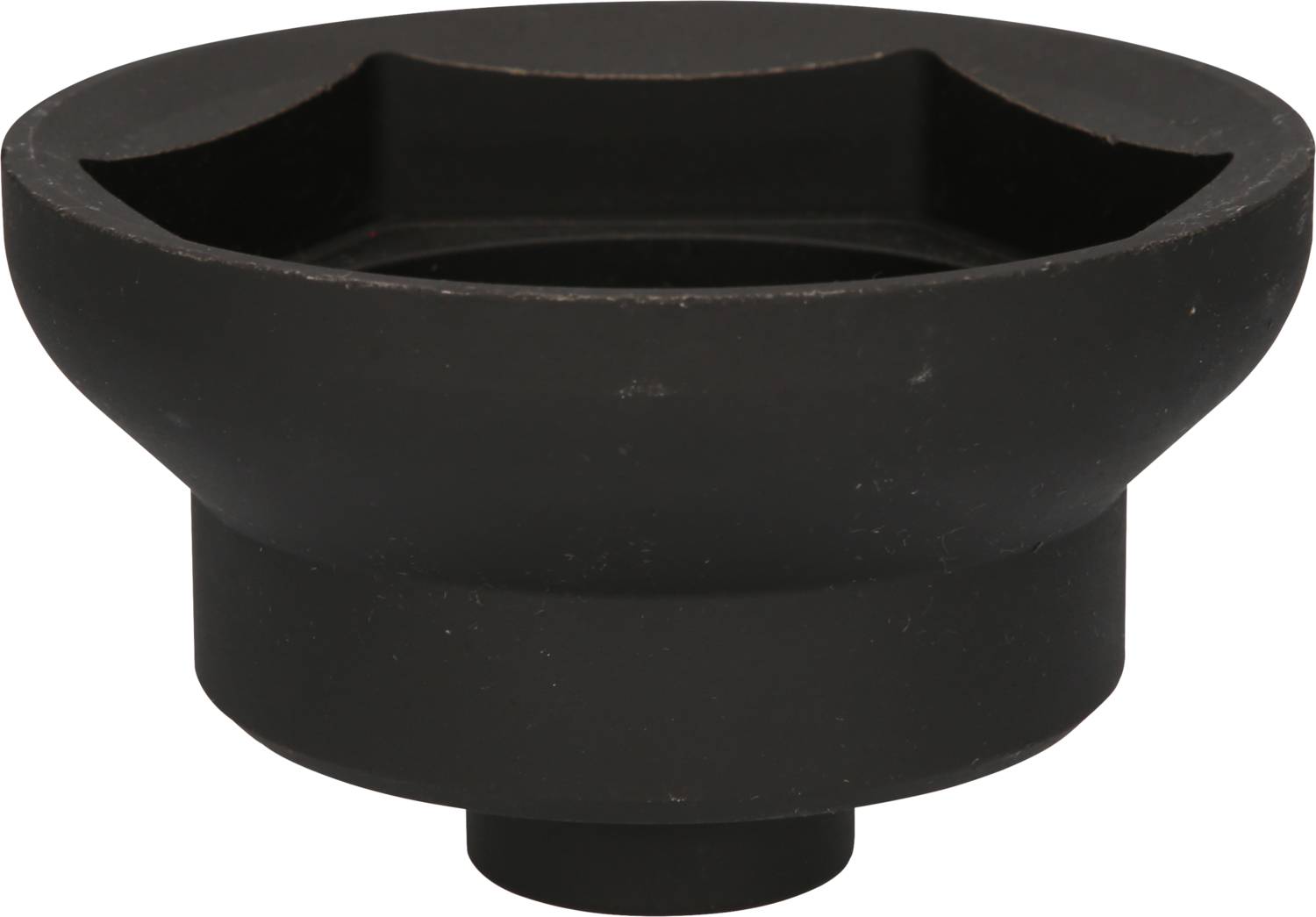 Black, funnel-shaped device with a wide opening and narrow base, potentially part of a technical apparatus or tool.