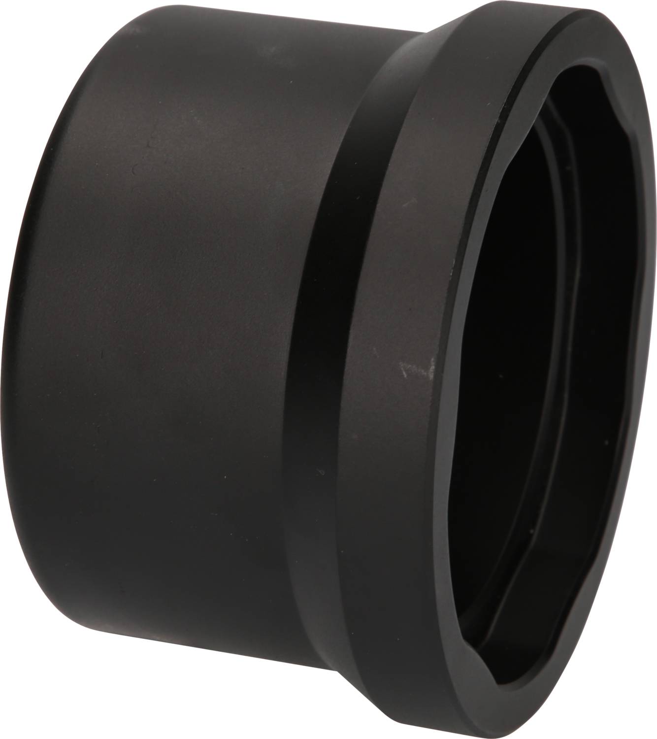 Black, cylindrical plastic component with a smooth surface.