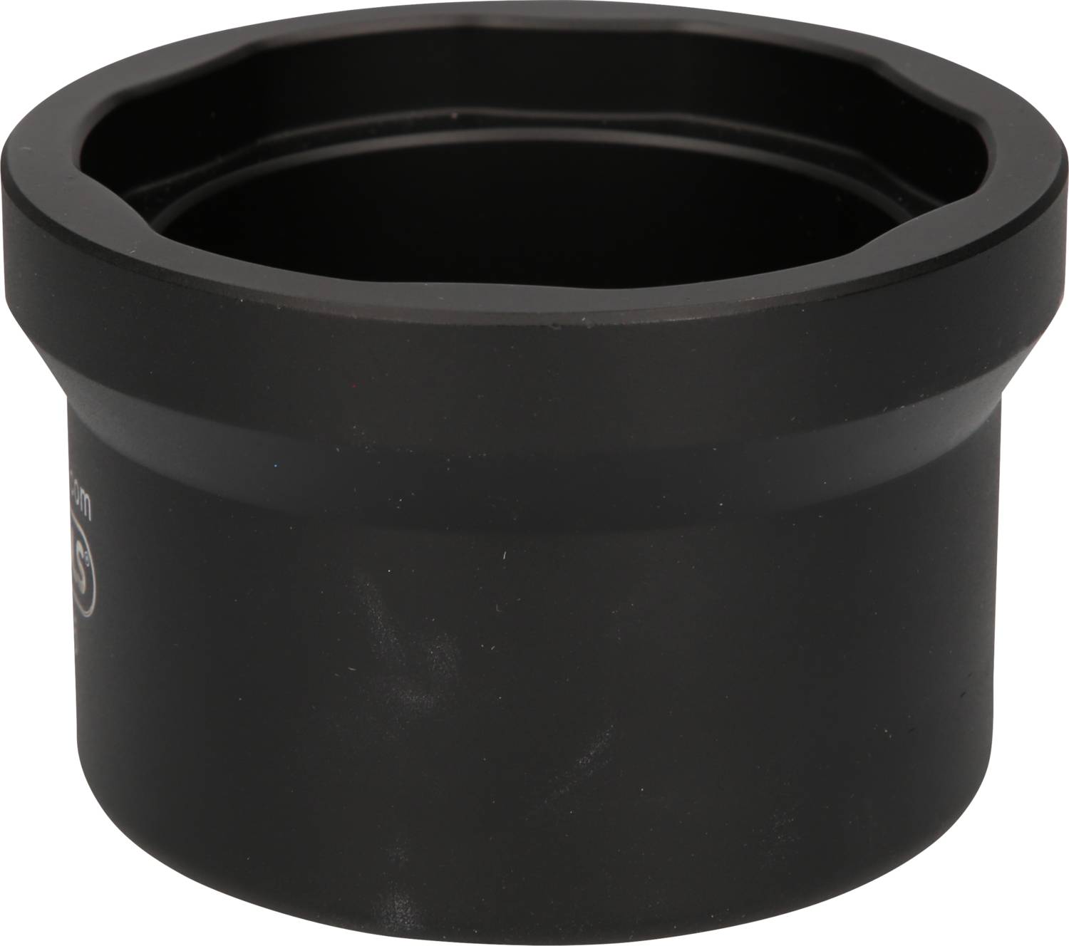 A black, cylindrical adapter ring, likely for technical or mechanical purposes, on a white background.