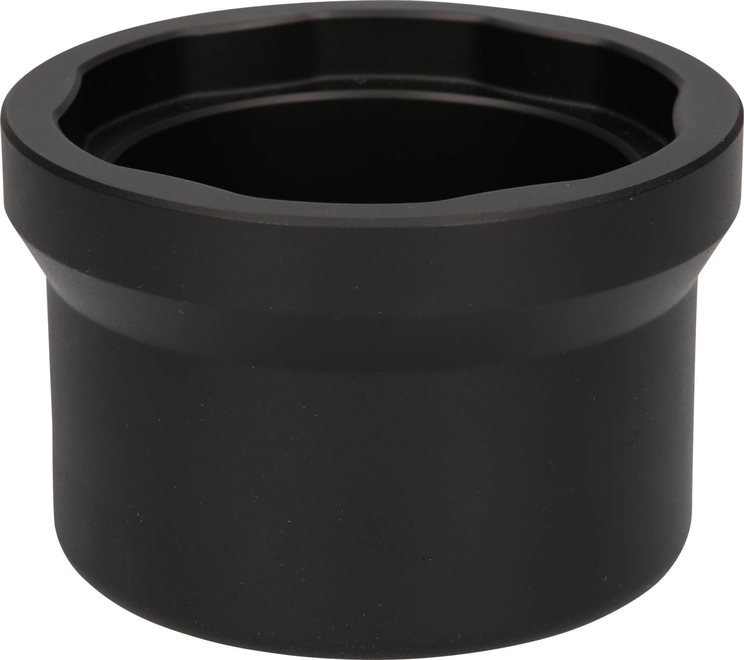 A black, cylindrical plastic component with a wide opening at the top.