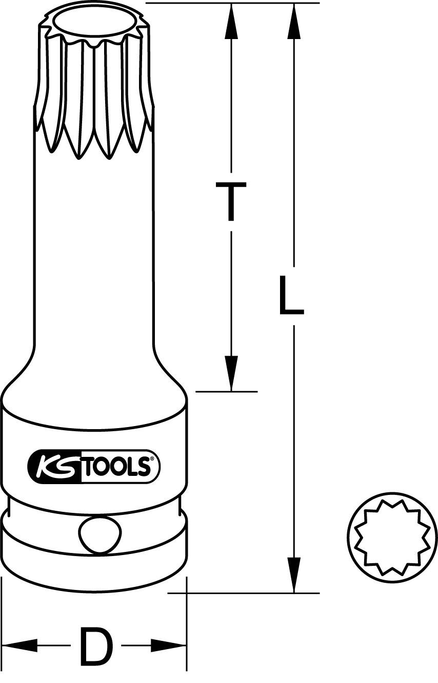 Drawing of a socket wrench with indications for total length 'L', working length 'T', and diameter 'D'. 12-point profile shown.