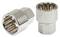 Two silver, metallic socket key inserts lie side by side, one showing the teeth, the other the hexagonal shaft.