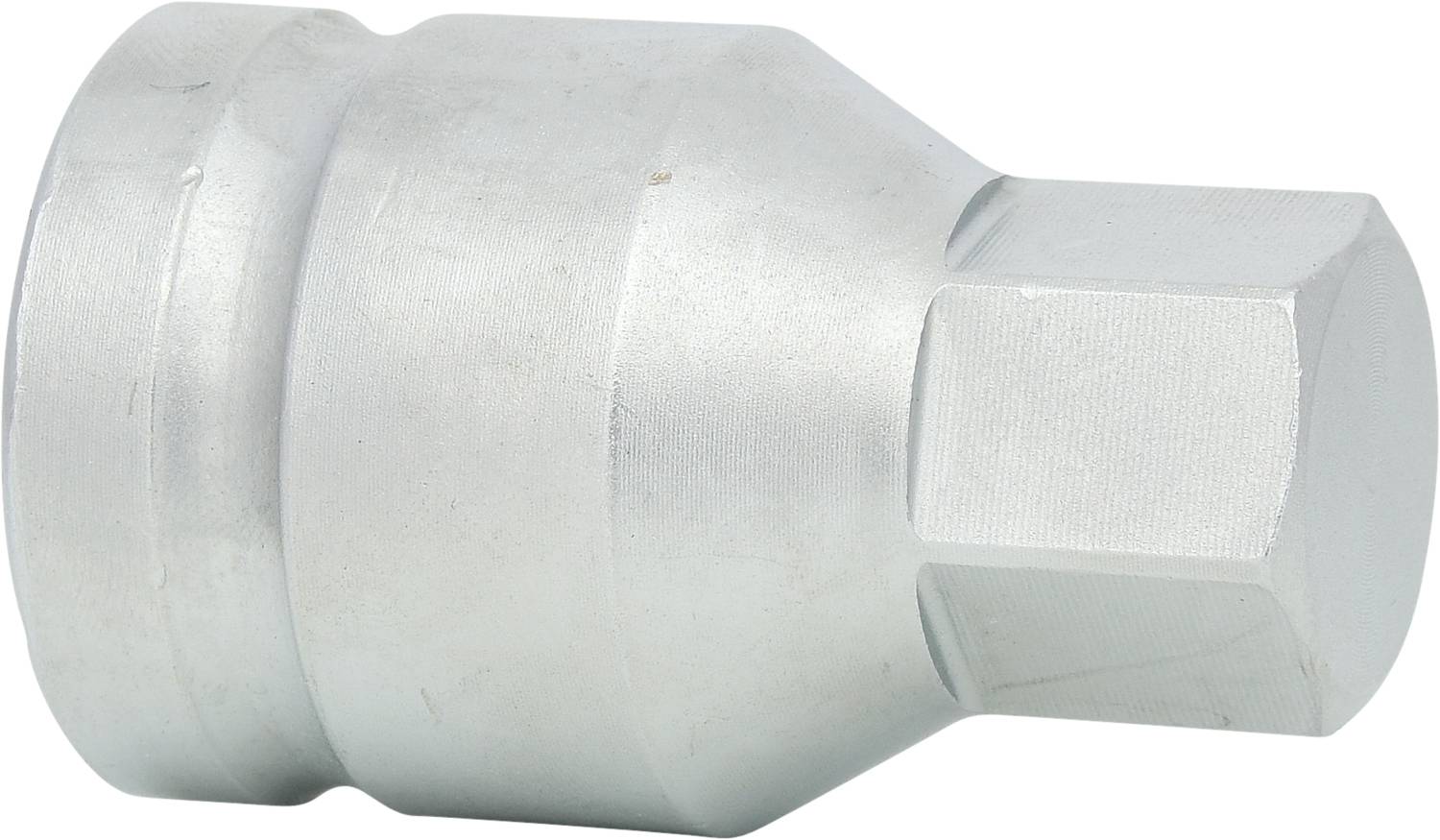 A silver metal attachment with a hexagonal shape and cylindrical base, possibly a tool attachment or adapter.