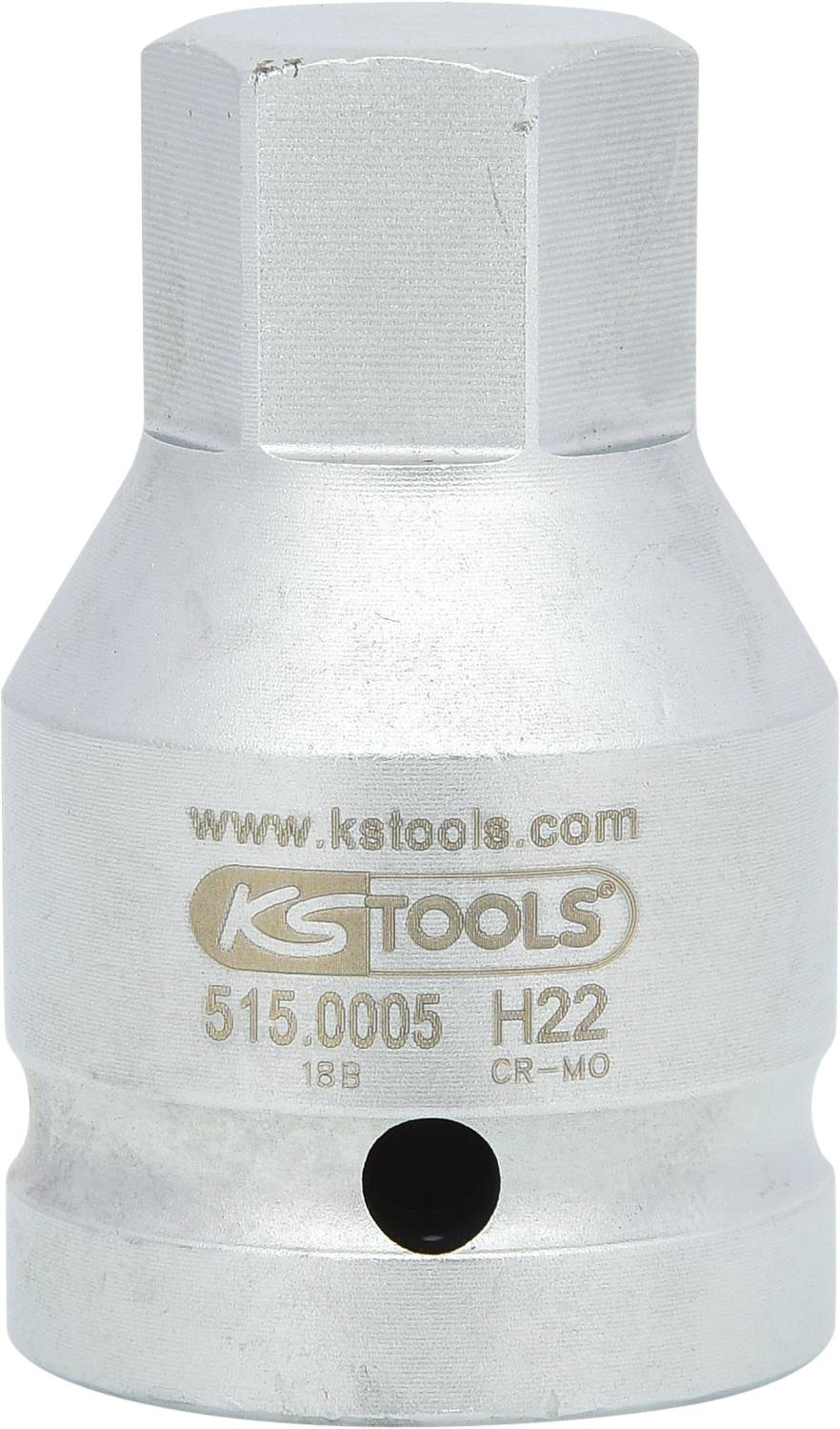 A silver adapter with a hexagonal drive. The adapter is marked with: 'www.kstools.com', '515.0005', 'H22', 'CR-MO'.