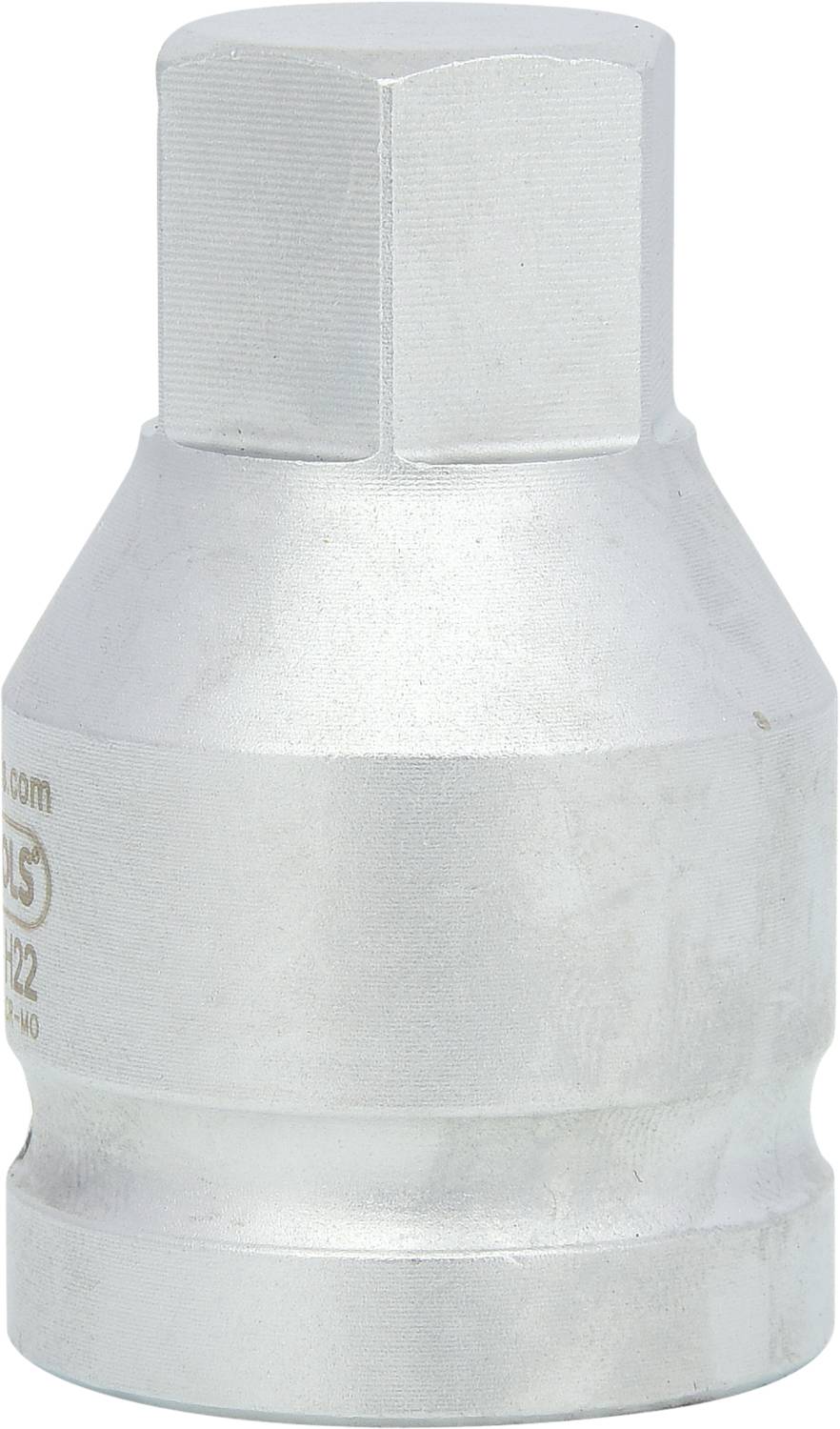 Metal socket extension with a hexagonal opening and engraved labelling on the side. Used for repairs.